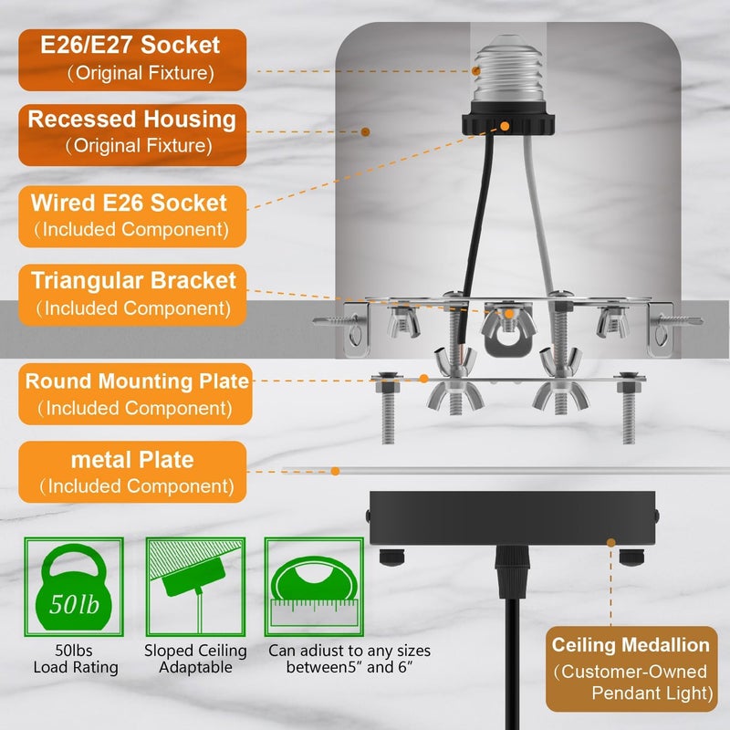 YIIZON Recessed to Pendant Light Converter Kit 5 and 6 inch Can Light Conversion, Includes E26 Socket, Mounting Bracket, Round Ceiling Plate & White Cover - Image 5